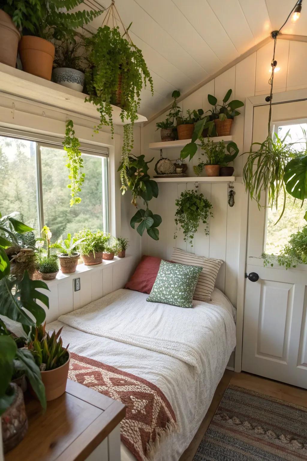 Greenery adding a fresh and inviting touch to the tiny bedroom.