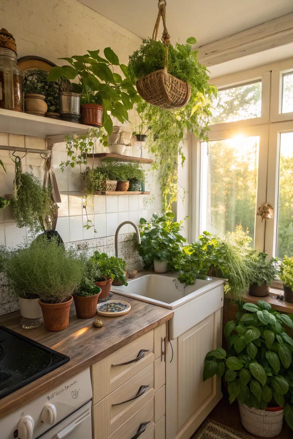 Adding flora brings vibrancy and freshness to a small cooking area.