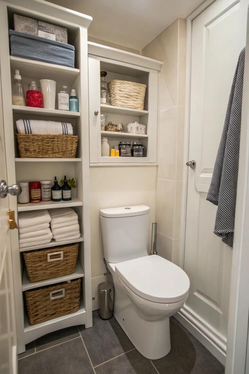 Smart, thin storage helps keep the bathroom organized.