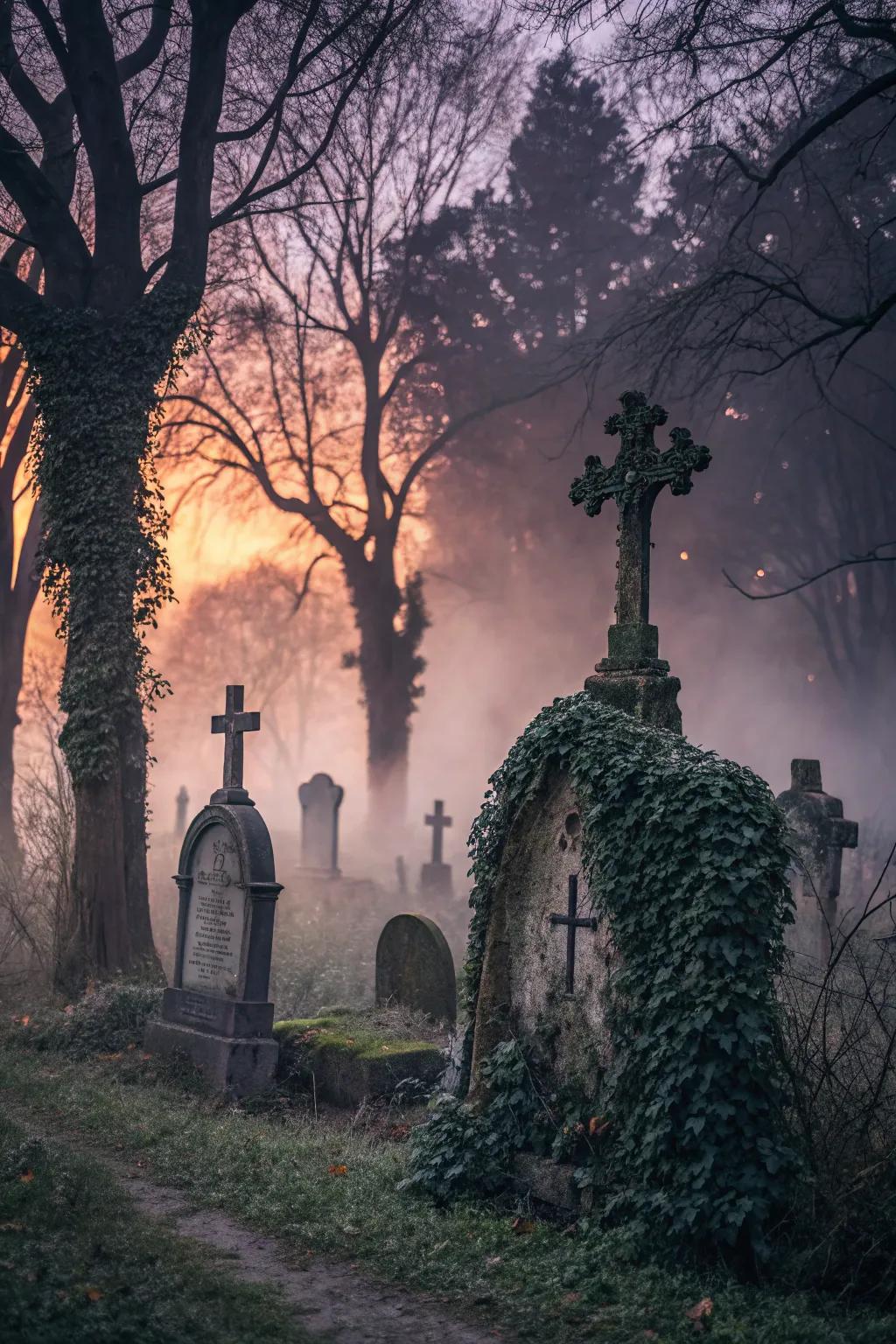 Classic tombstone shapes evoke traditional cemetery imagery.