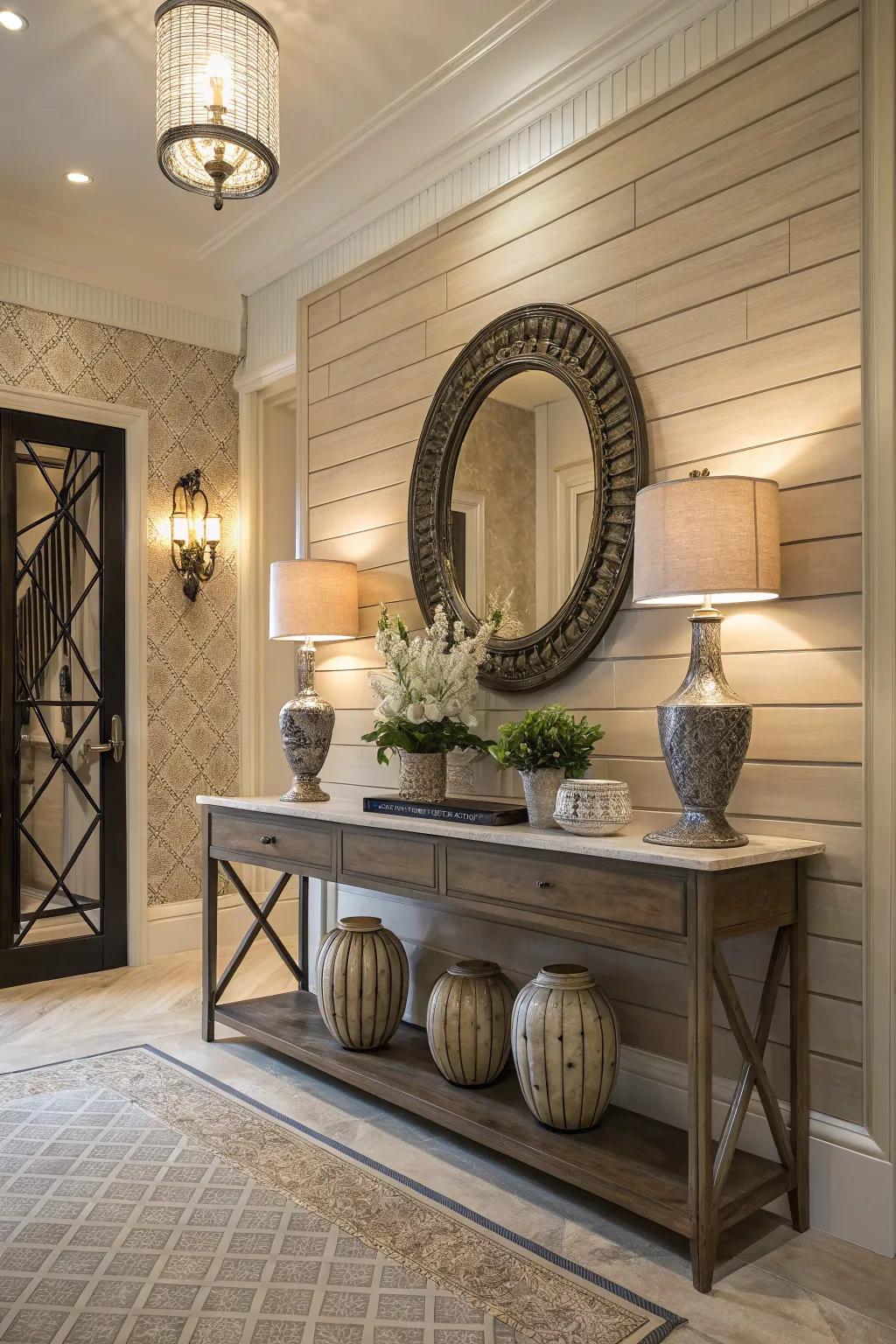 An entryway beautifully enhanced with the inviting appeal of shiplap walls.
