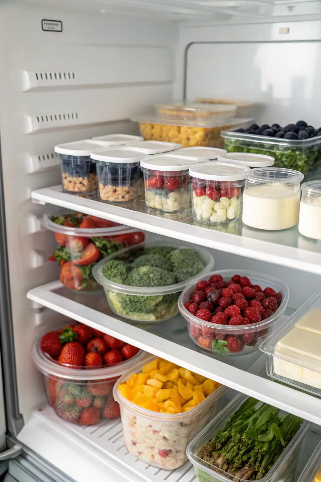 Related food items grouped within a top freezer, each on separate shelves for simple stock management.