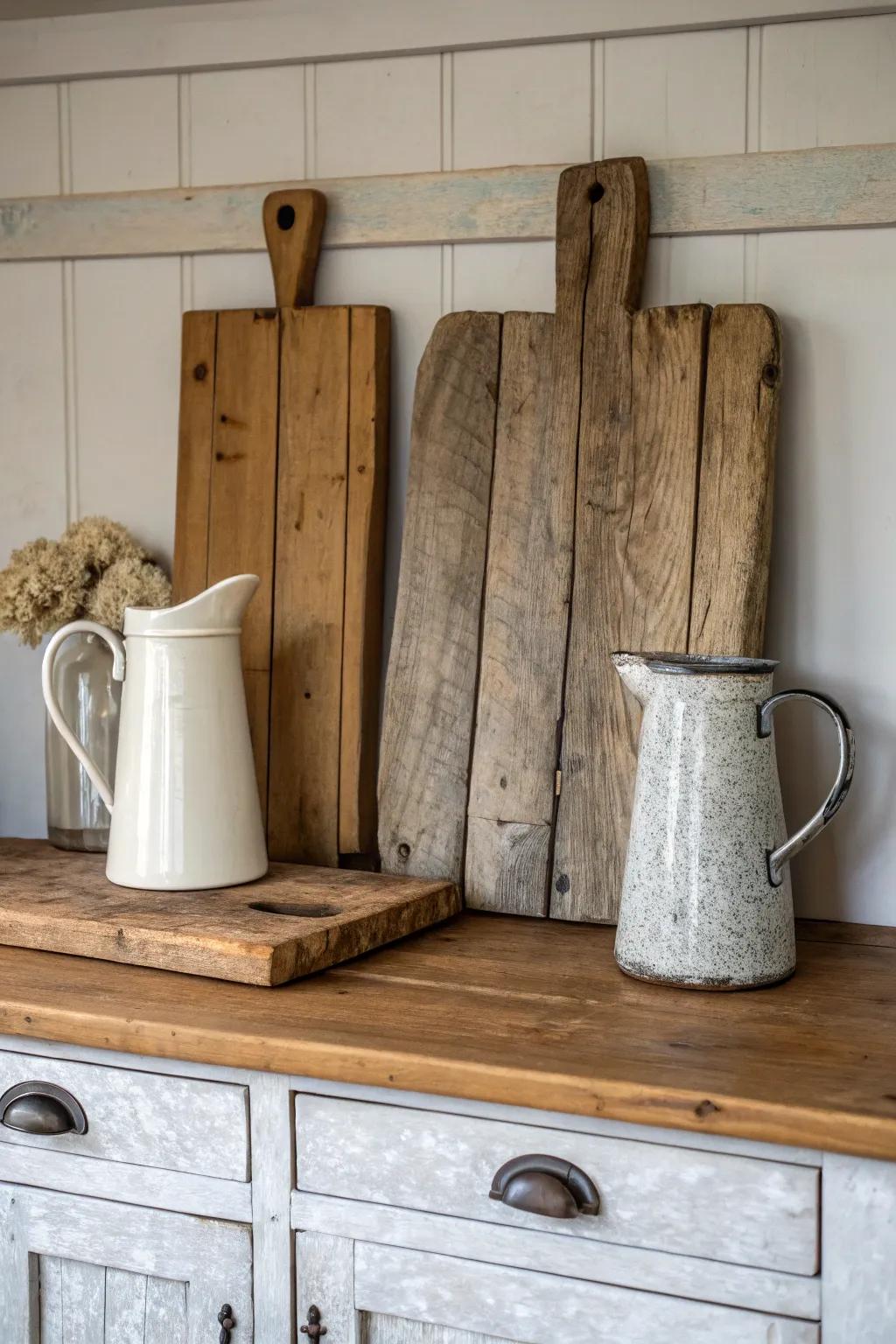 Embrace a farmhouse aesthetic through aged relics displayed above your cabinets.