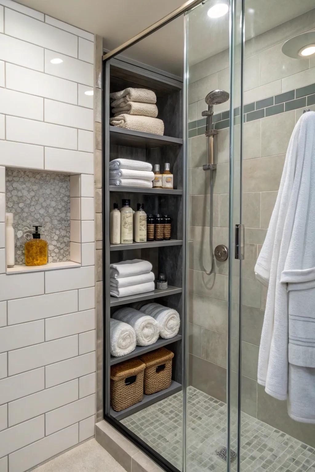 Small shelves fit nicely into small bathroom designs.