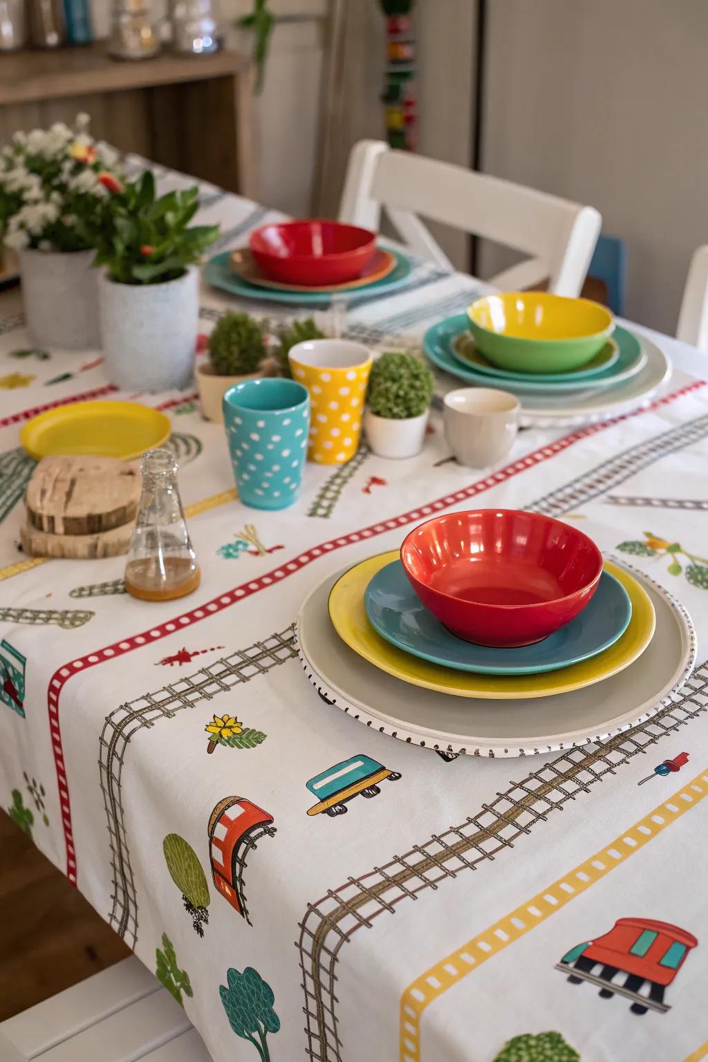 Tablecloths with railway tracks create a lively ambiance.