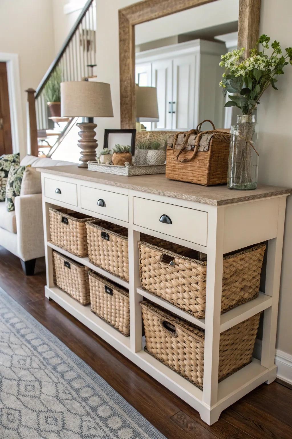 Chic storage options keep your entryway organized and fashionable.