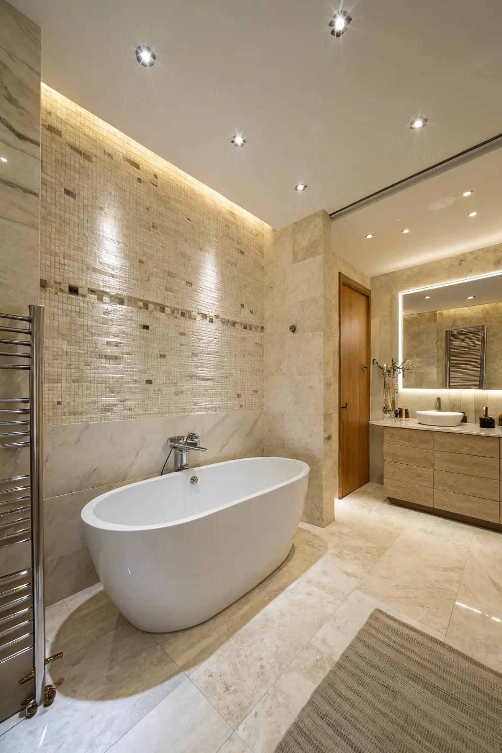 A serene travertine bathroom with ambient lighting that enhances the stone's natural textures.