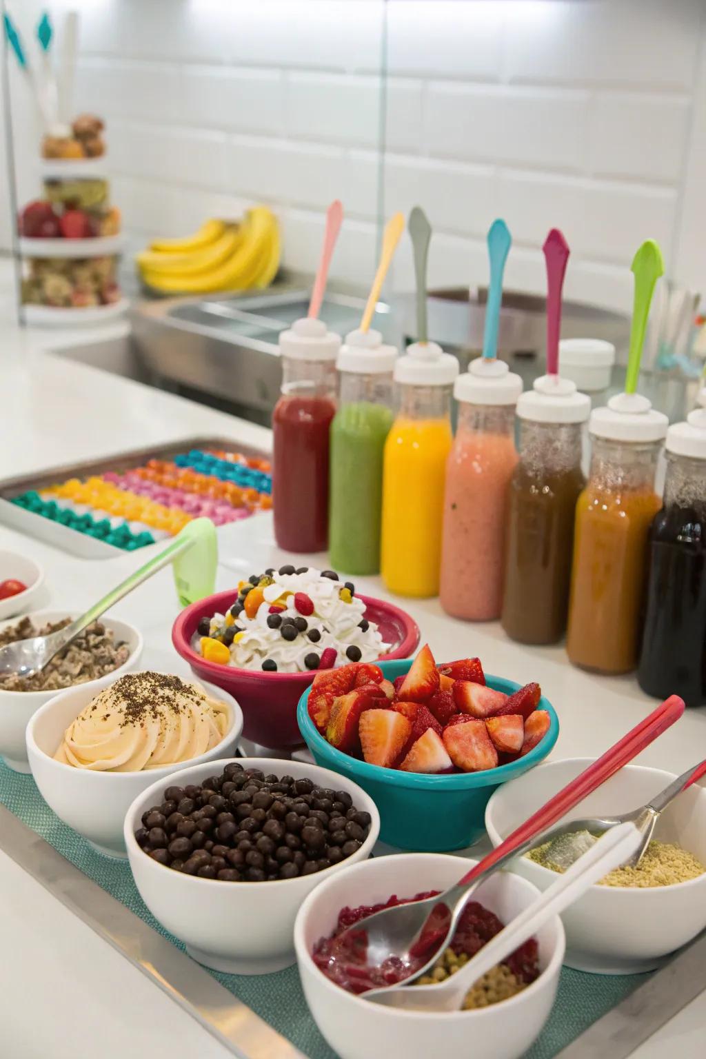 Frozen cream sundae area featuring assorted garnishes.