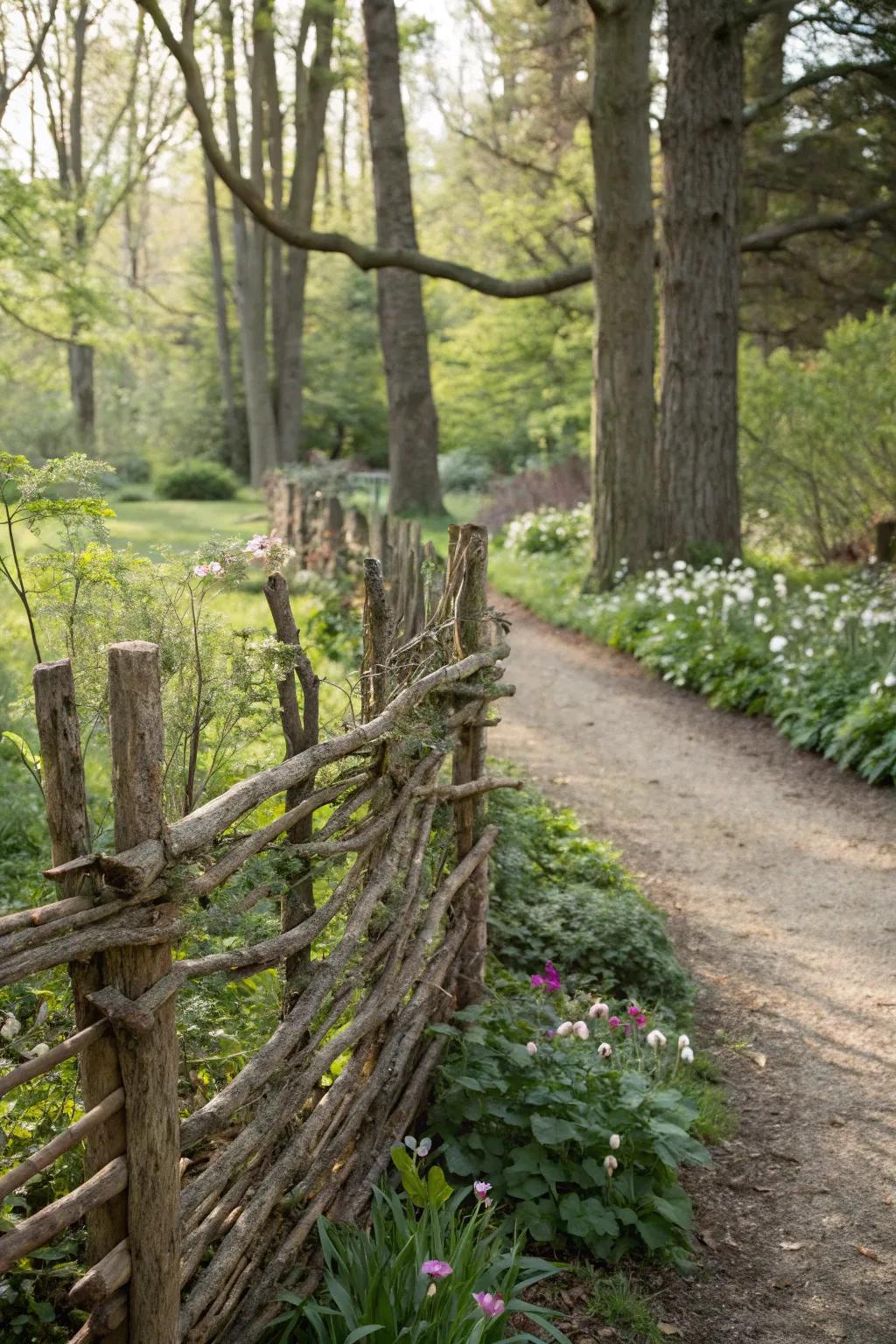 A natural twig fence offers rustic charm.