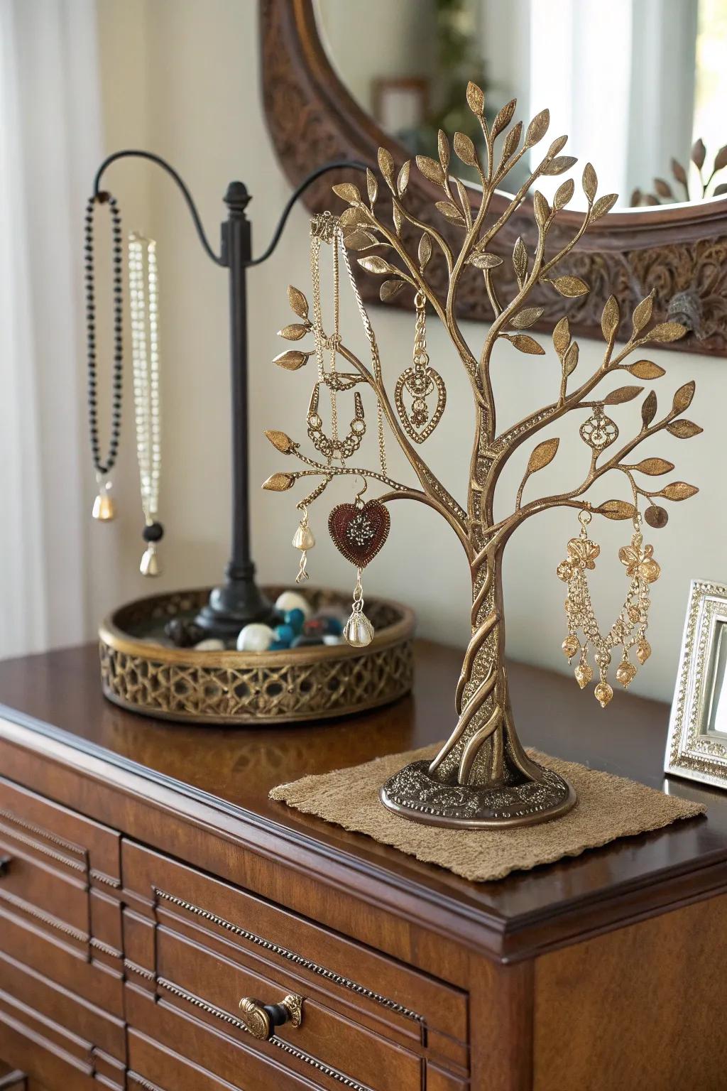 A sophisticated Arbor Vitae jewelry holder keeps valuables arranged neatly on a dresser.