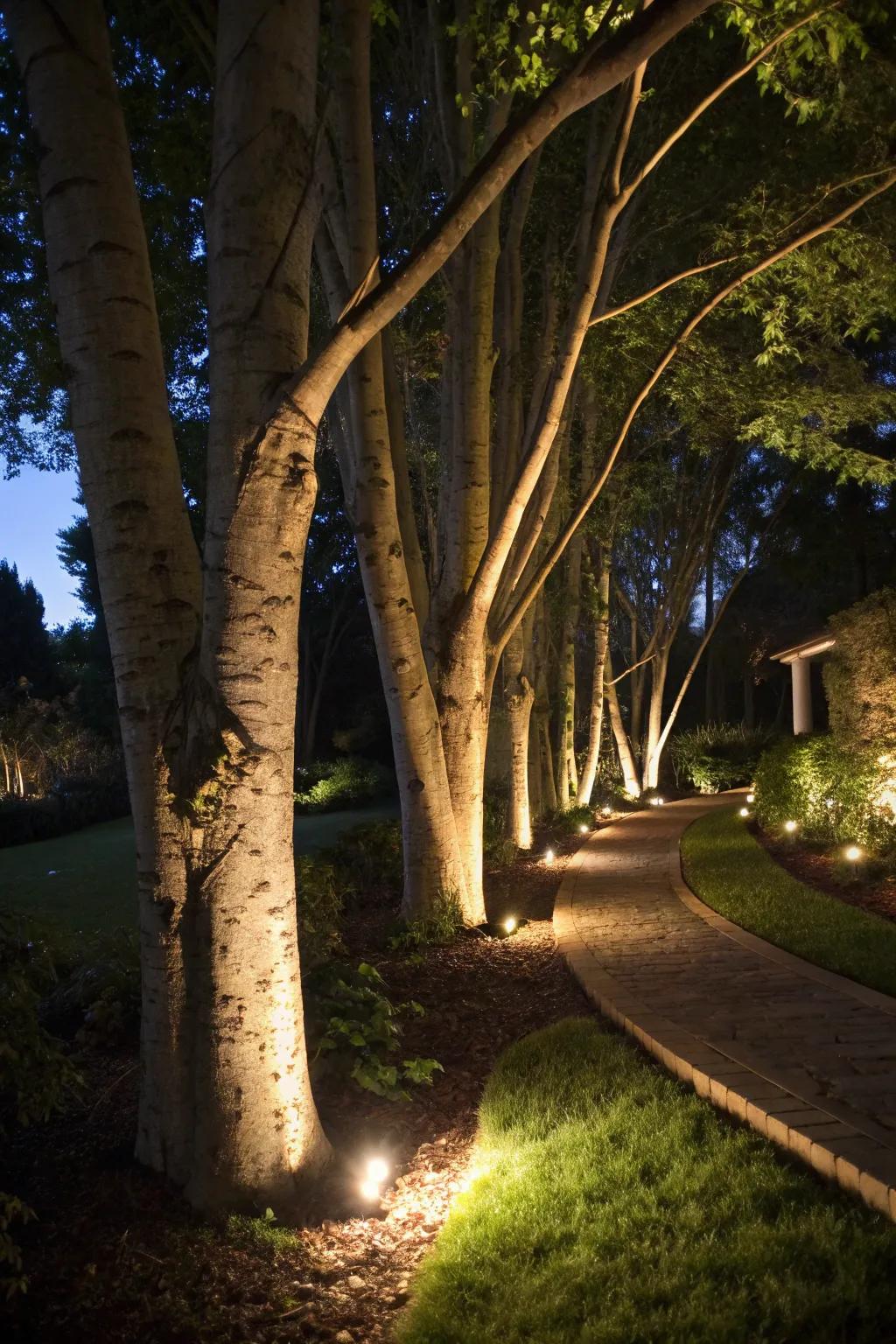 Stake lights forge striking shadows on tree trunks.