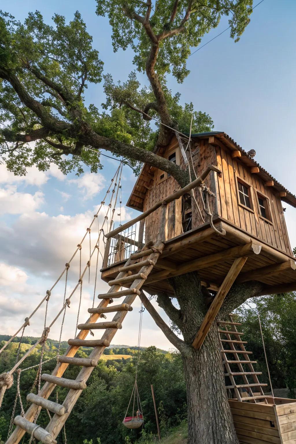 Whimsical design features inside a treehouse, featuring rope ladders and rustic beams.