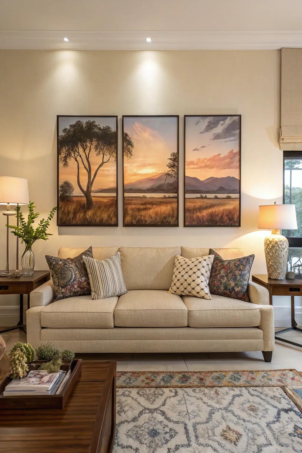 A cohesive triptych art piece above a stylish sofa.