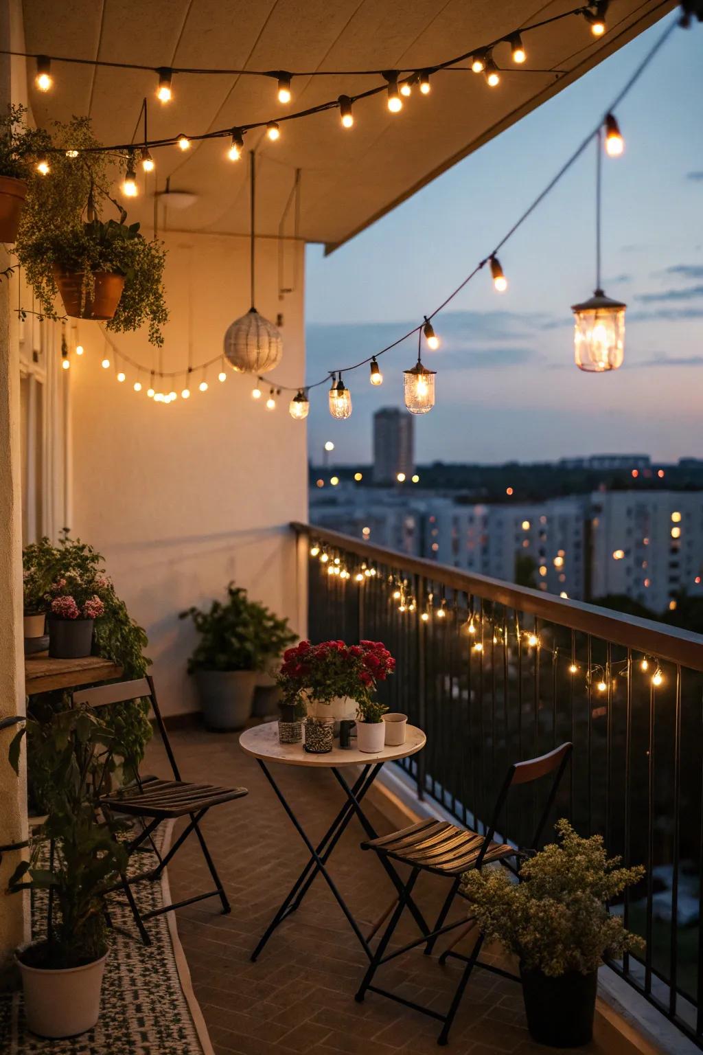 Enhance your balcony with enchanting string lights for evening relaxation.