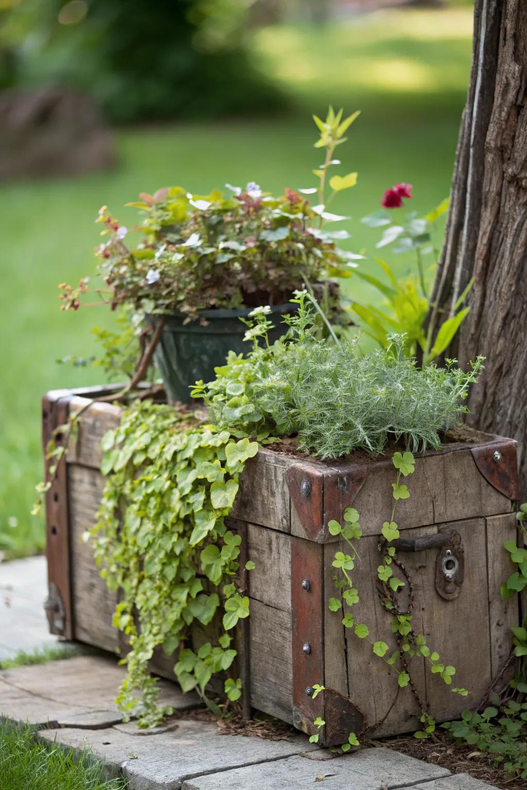 A trunk serves as a distinctive planter, incorporating natural charm into the dwelling.