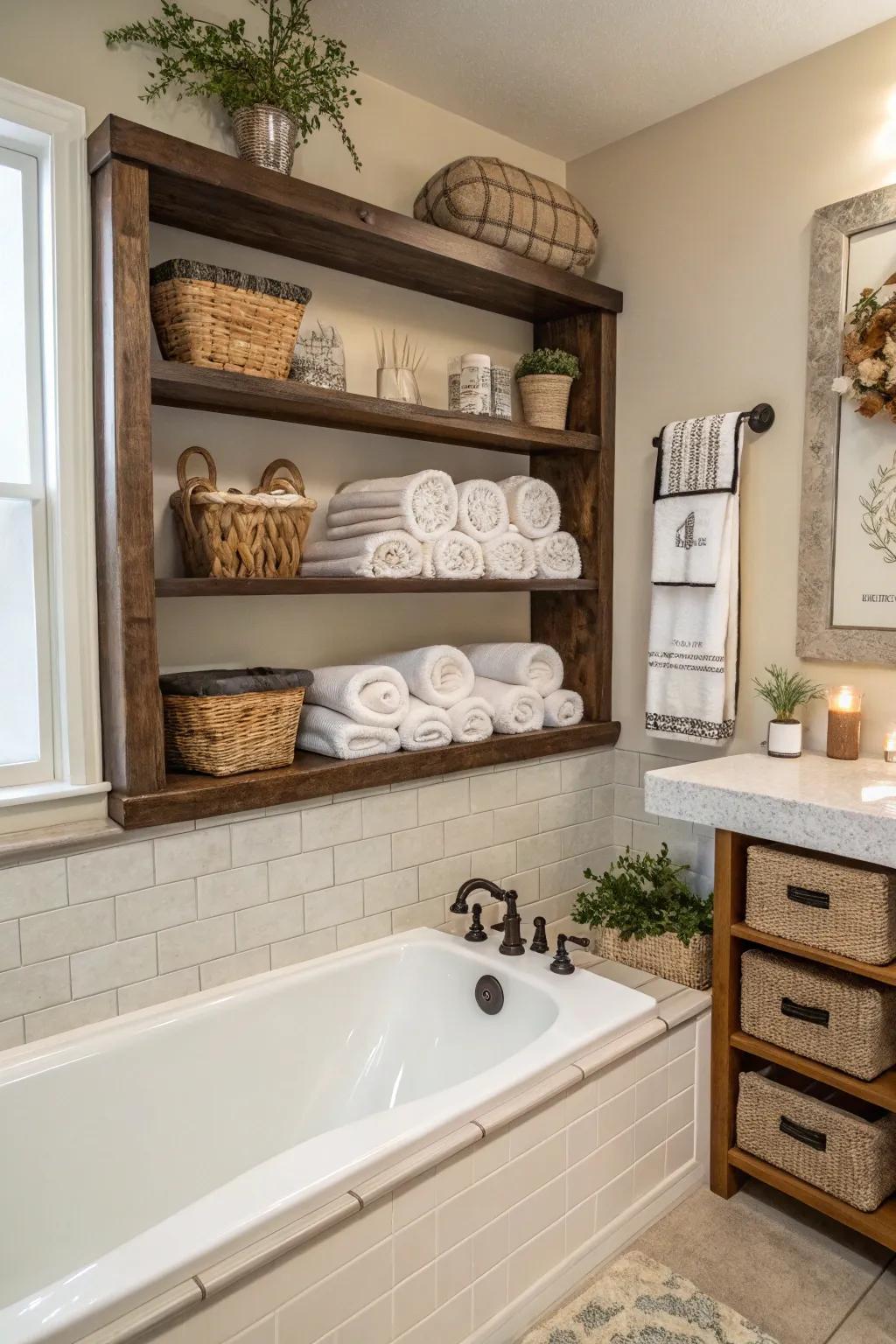 A tub surround showcasing in-wall shelving for practical and stylish storage.