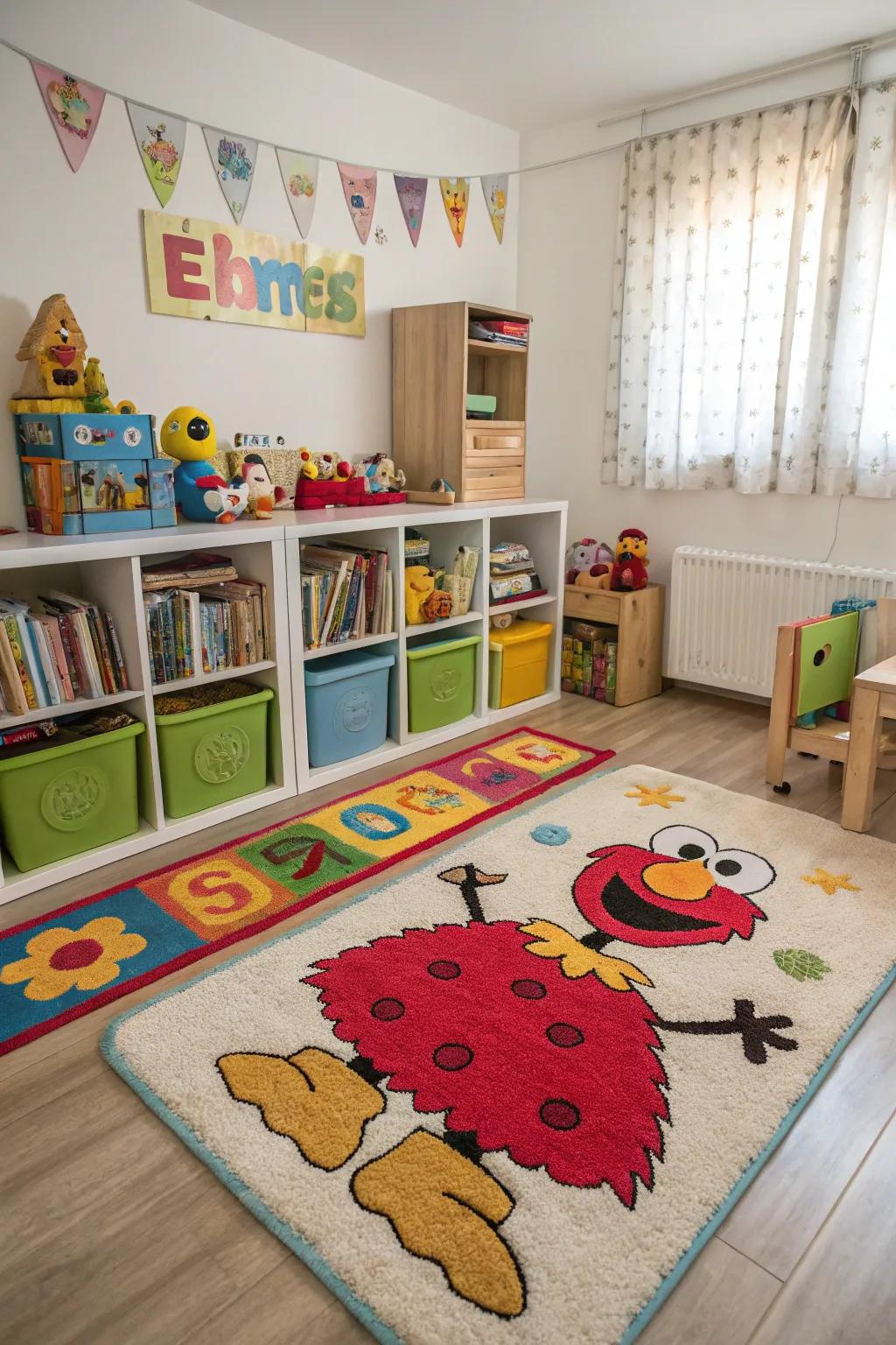 Rugs with cartoon characters inject fun and personality into playrooms.