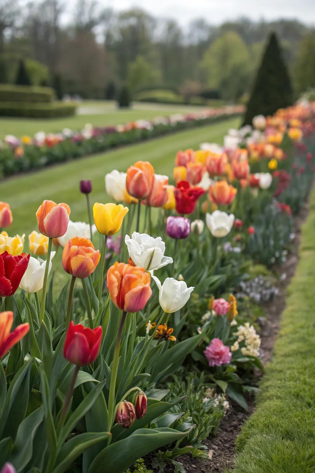A garden patch with tulips in various stages of bloom, creating a layered effect.