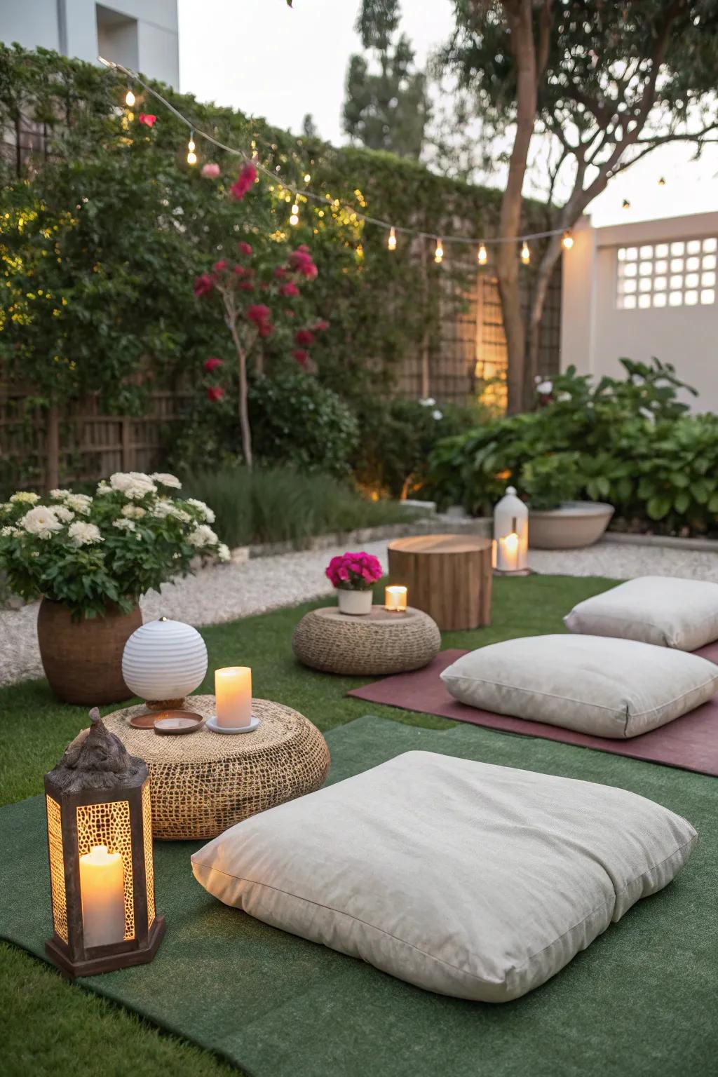 A serene meditation nook nestled on turf.