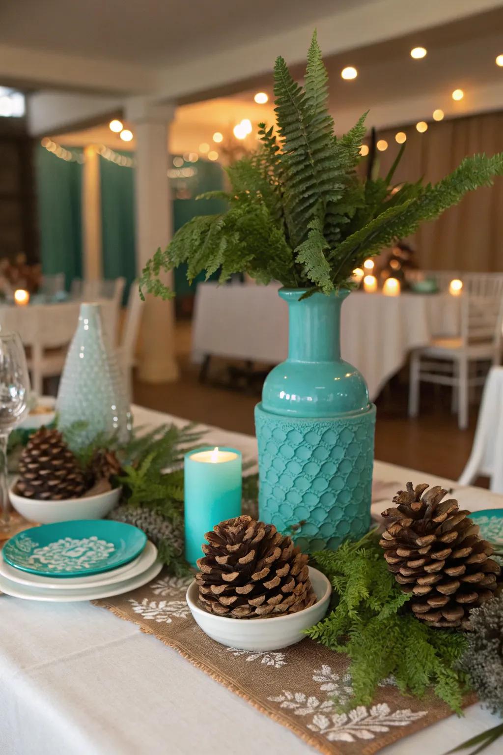 Seasonal features like pinecones fuse nature with class.