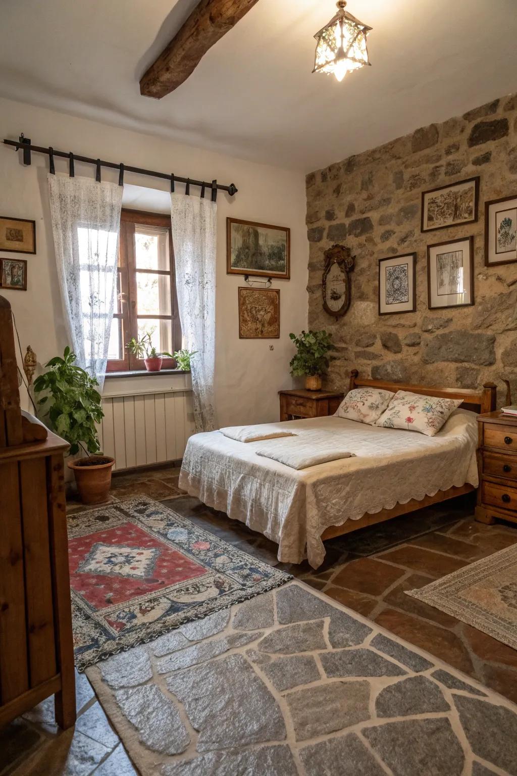 Stone flooring adds a countryside and authentic element to your bedroom.