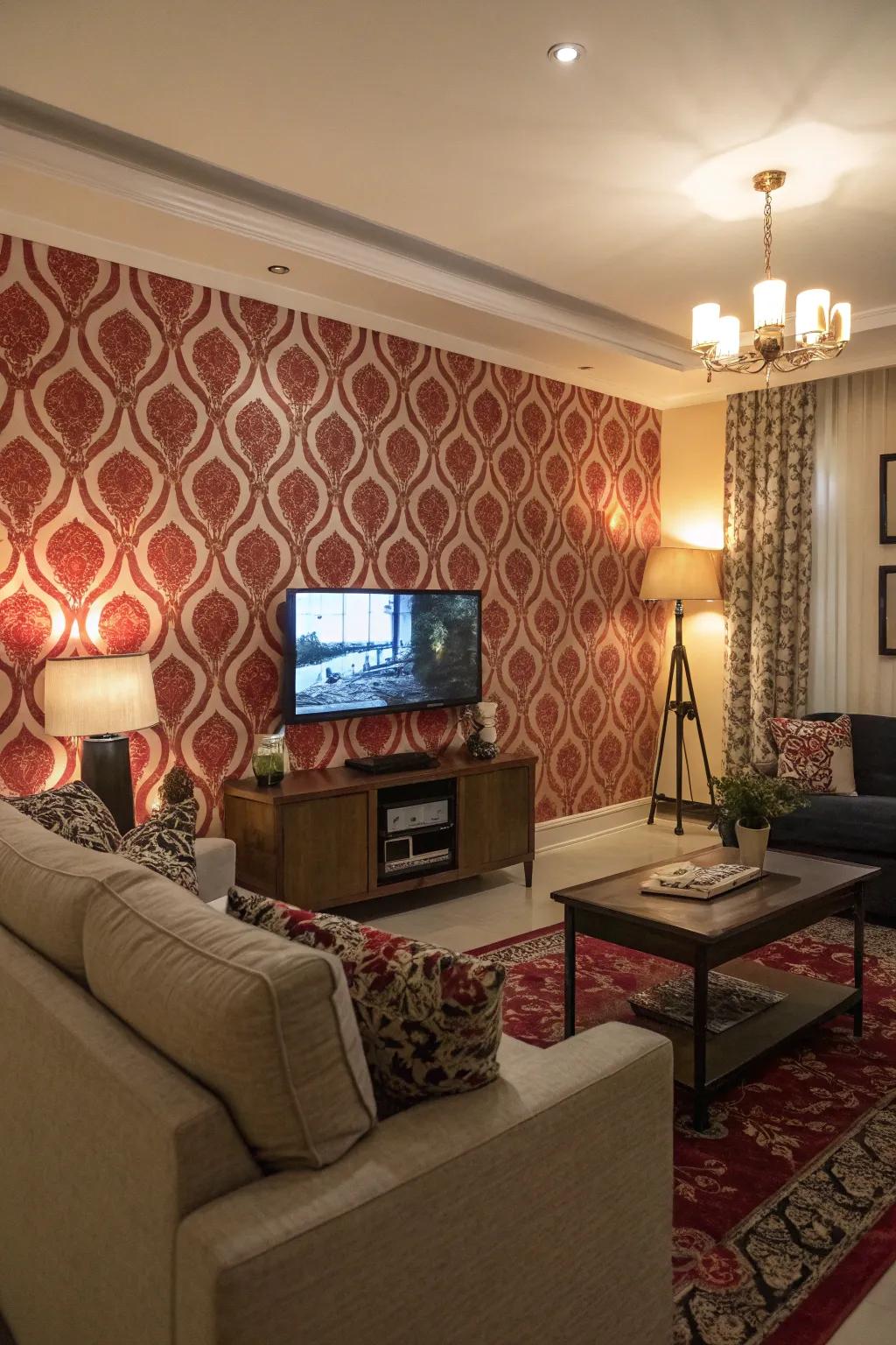 Patterned covering lends vibrant texture to this TV feature wall.