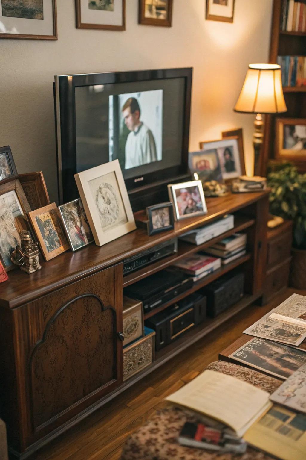 Personal keepsakes and photos adorning a TV stand.