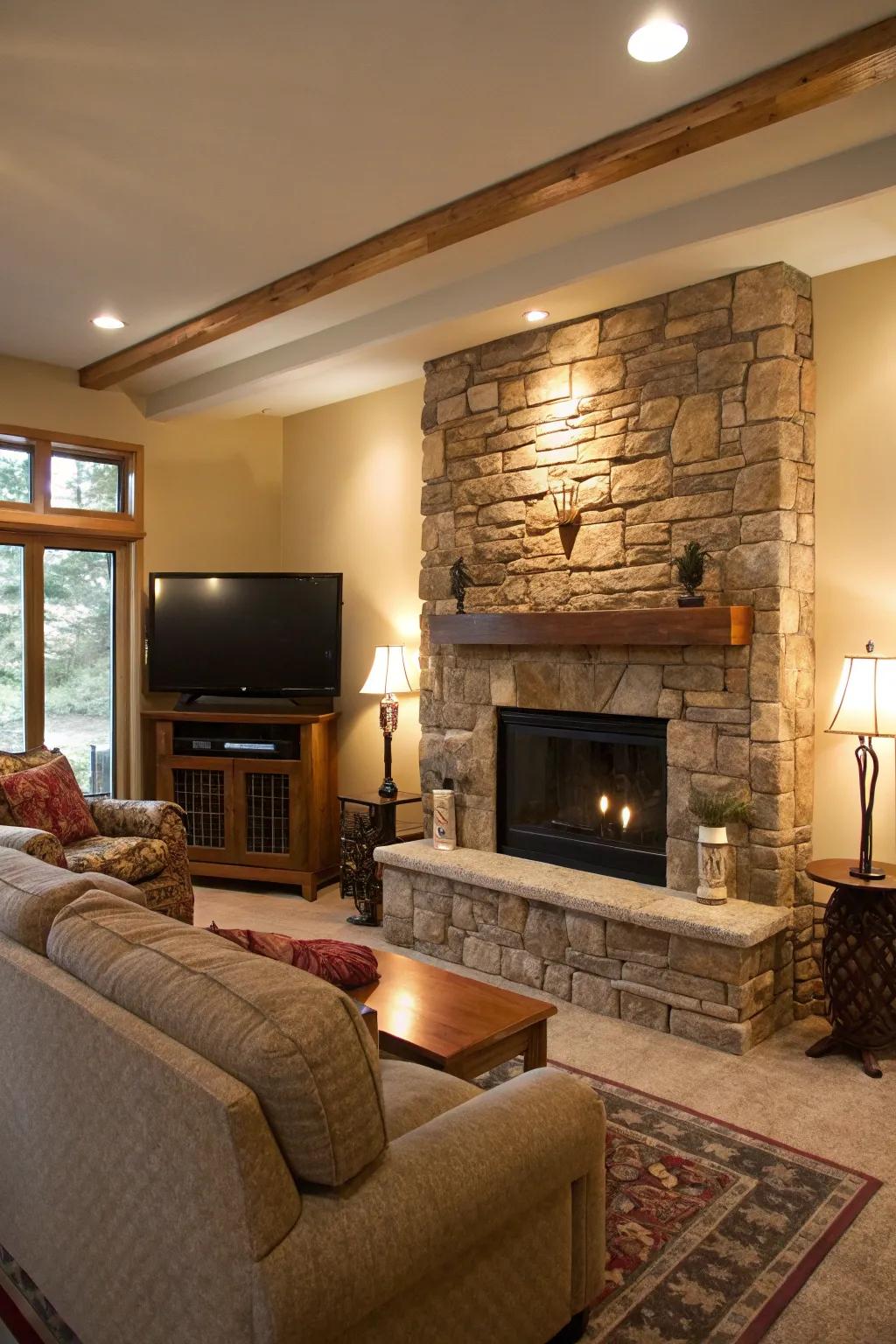 A living room TV wall that incorporates stone for a natural element.