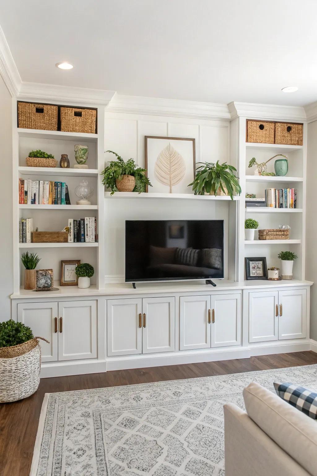 Symmetry and balance define this graceful TV wall design.