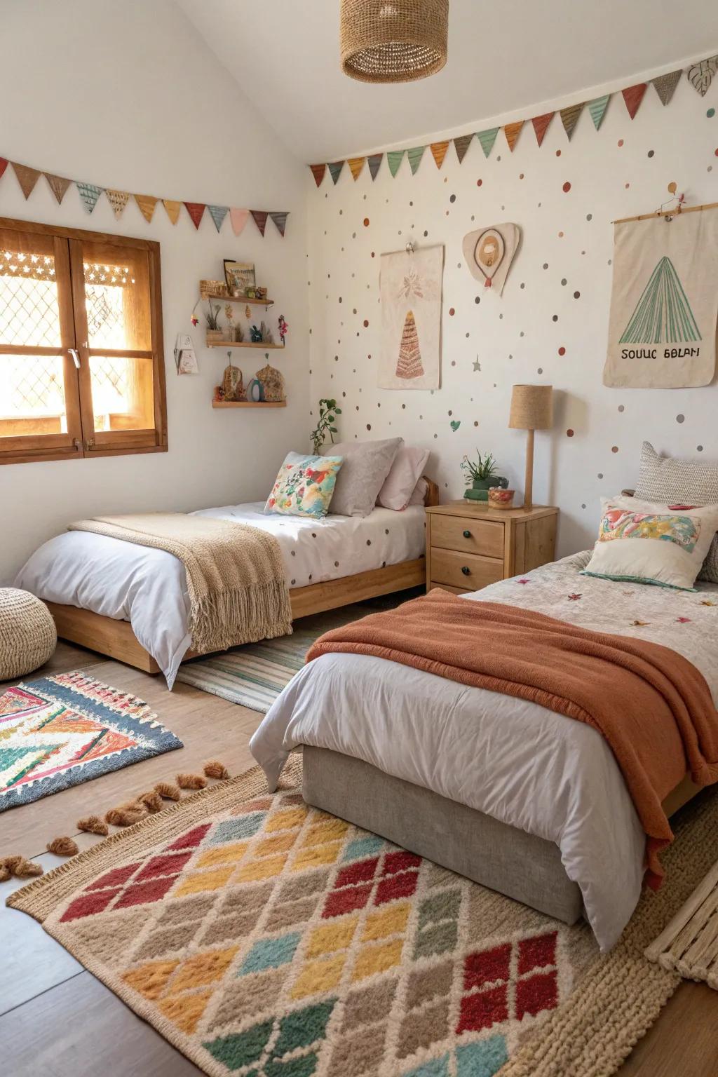 Cozy floor coverings and cloth add warmth to the area