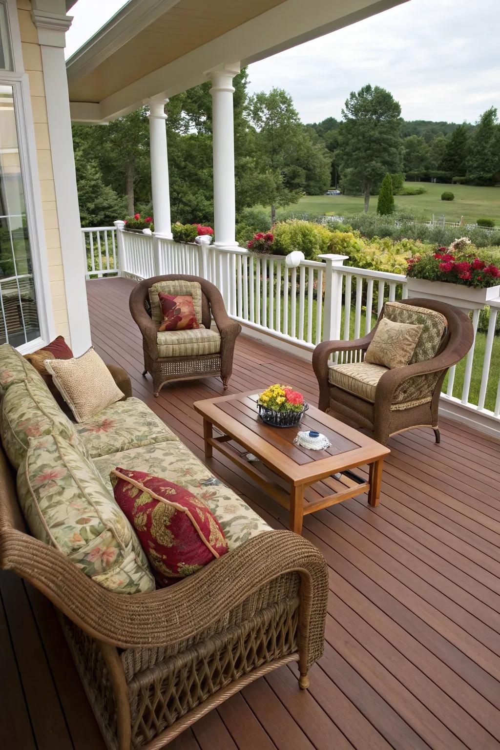 Dark cherry and cream create a luxurious and sophisticated deck ambiance.
