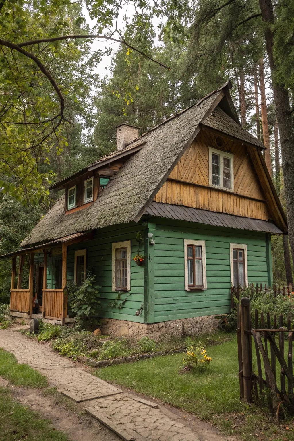 Earthy green and wood create a country, natural look.