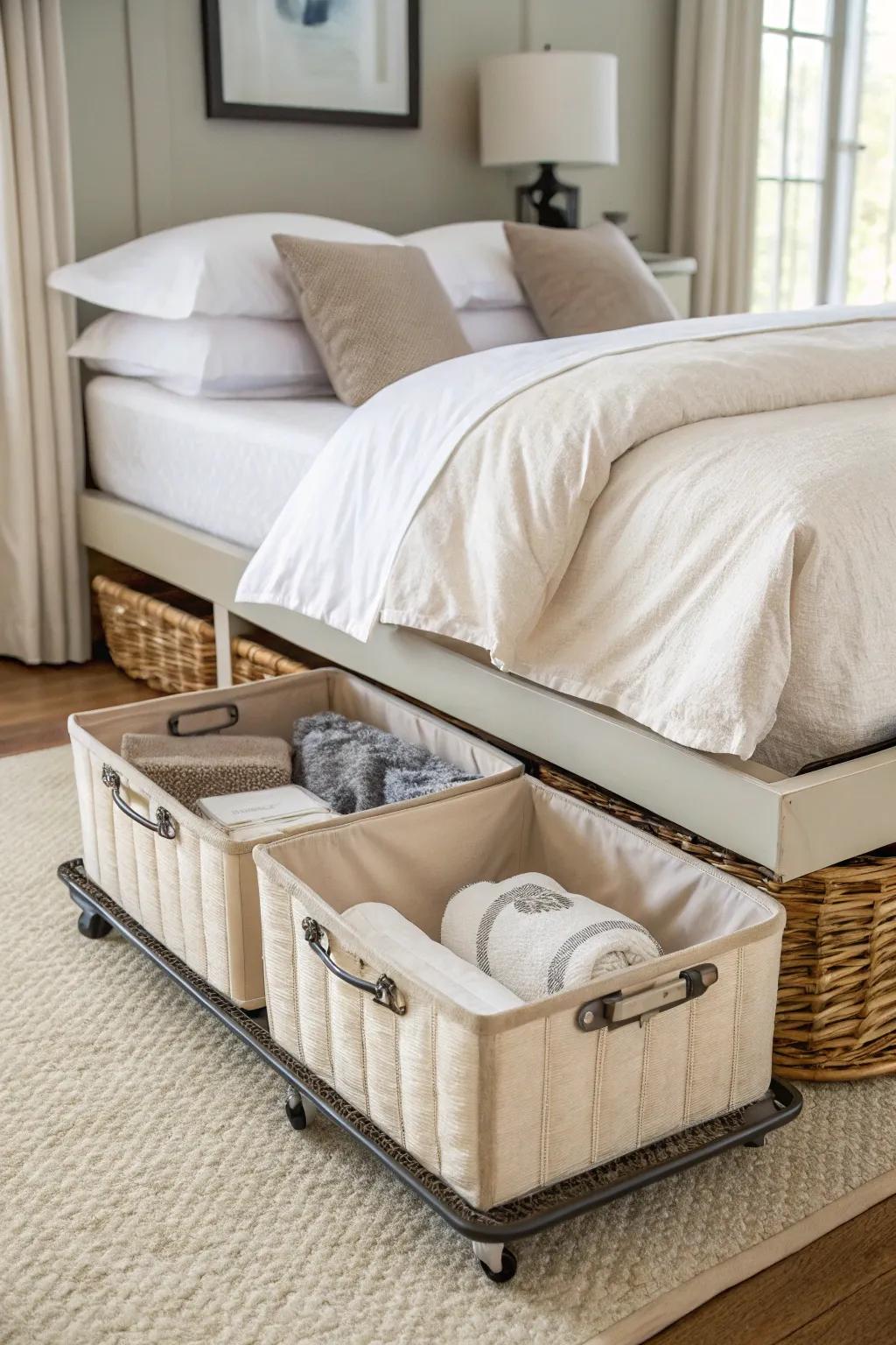 Store linens with style using elegant wheeled baskets.