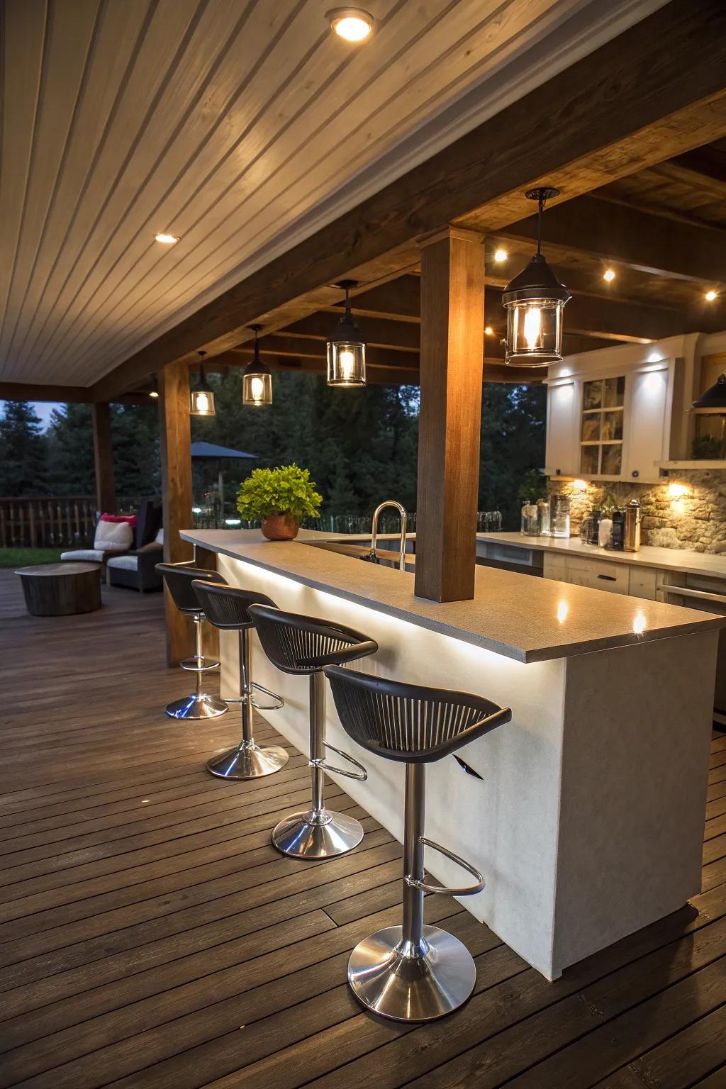 A sophisticated bar arrangement beneath the deck, primed for hosting events.