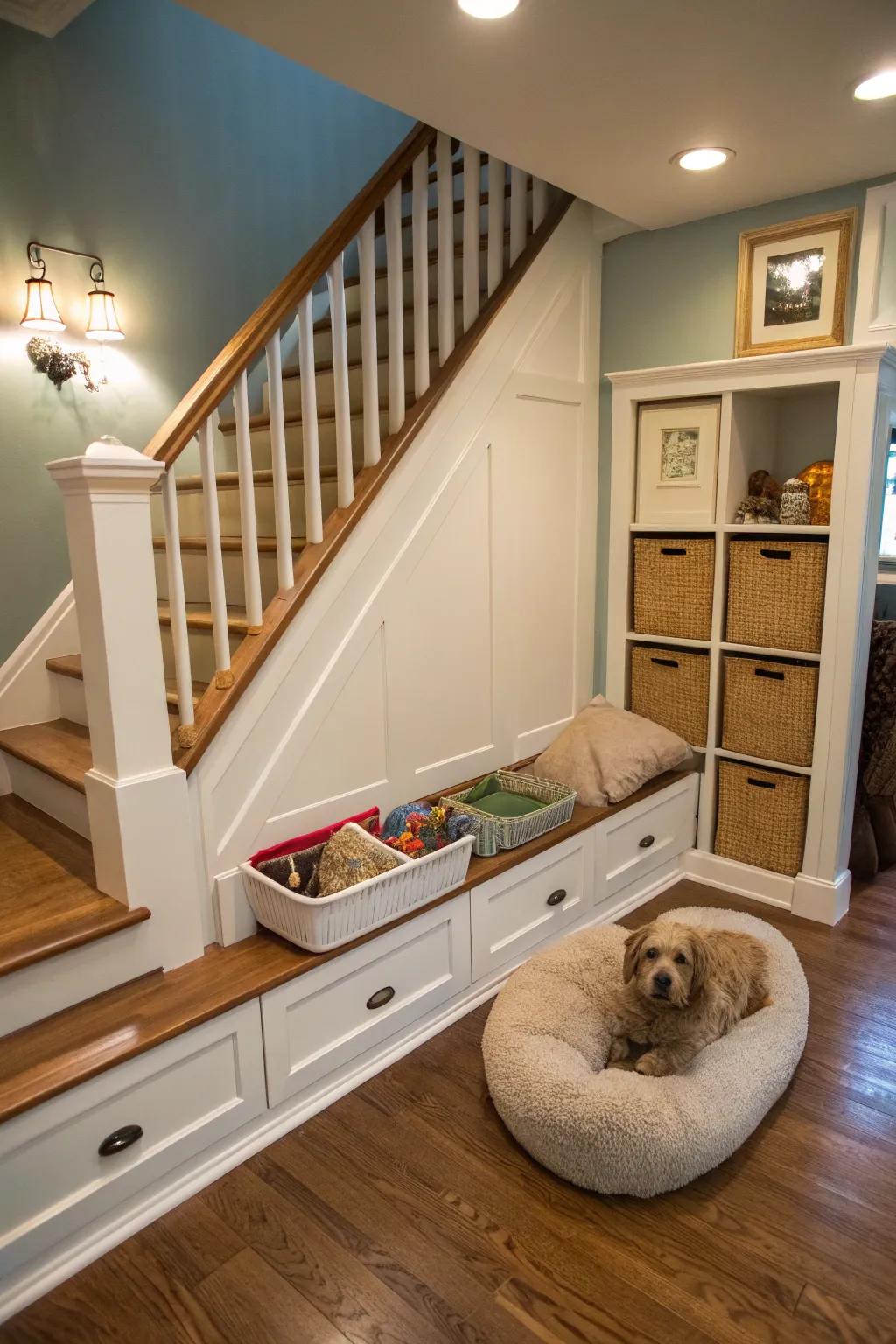 A pet nook beneath the staircase for your furry family members.