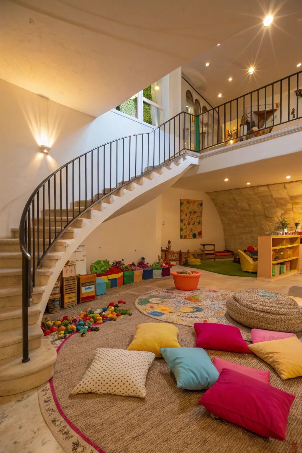 A whimsical play zone for kids tucked beneath the staircase.