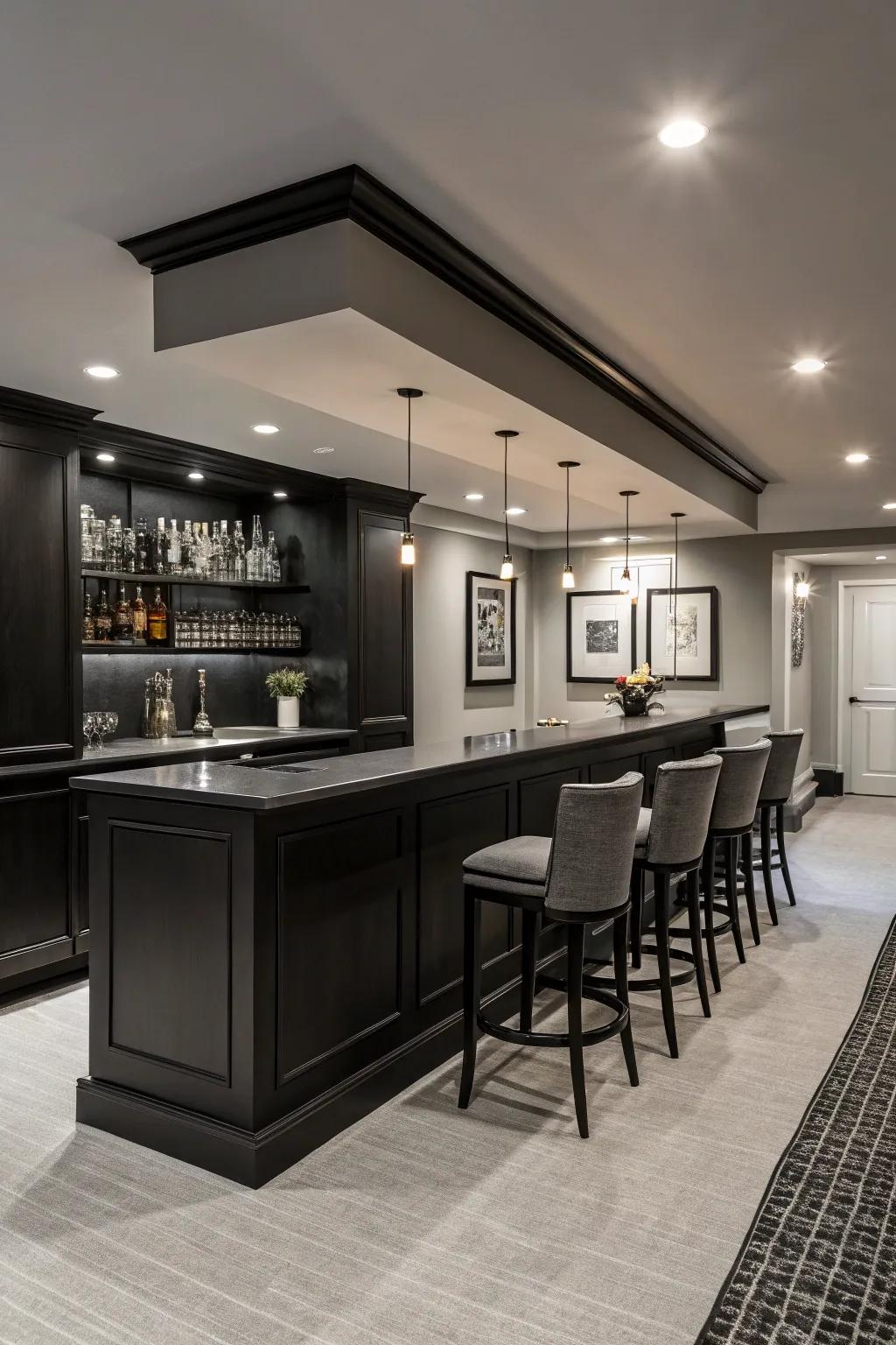 A single-hue palette cultivates a streamlined, contemporary pub setting.