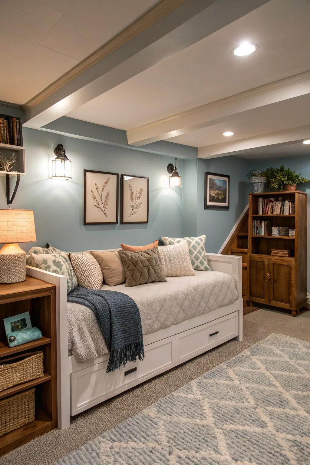 Multi-use furniture can optimize functionality in your basement bedroom.