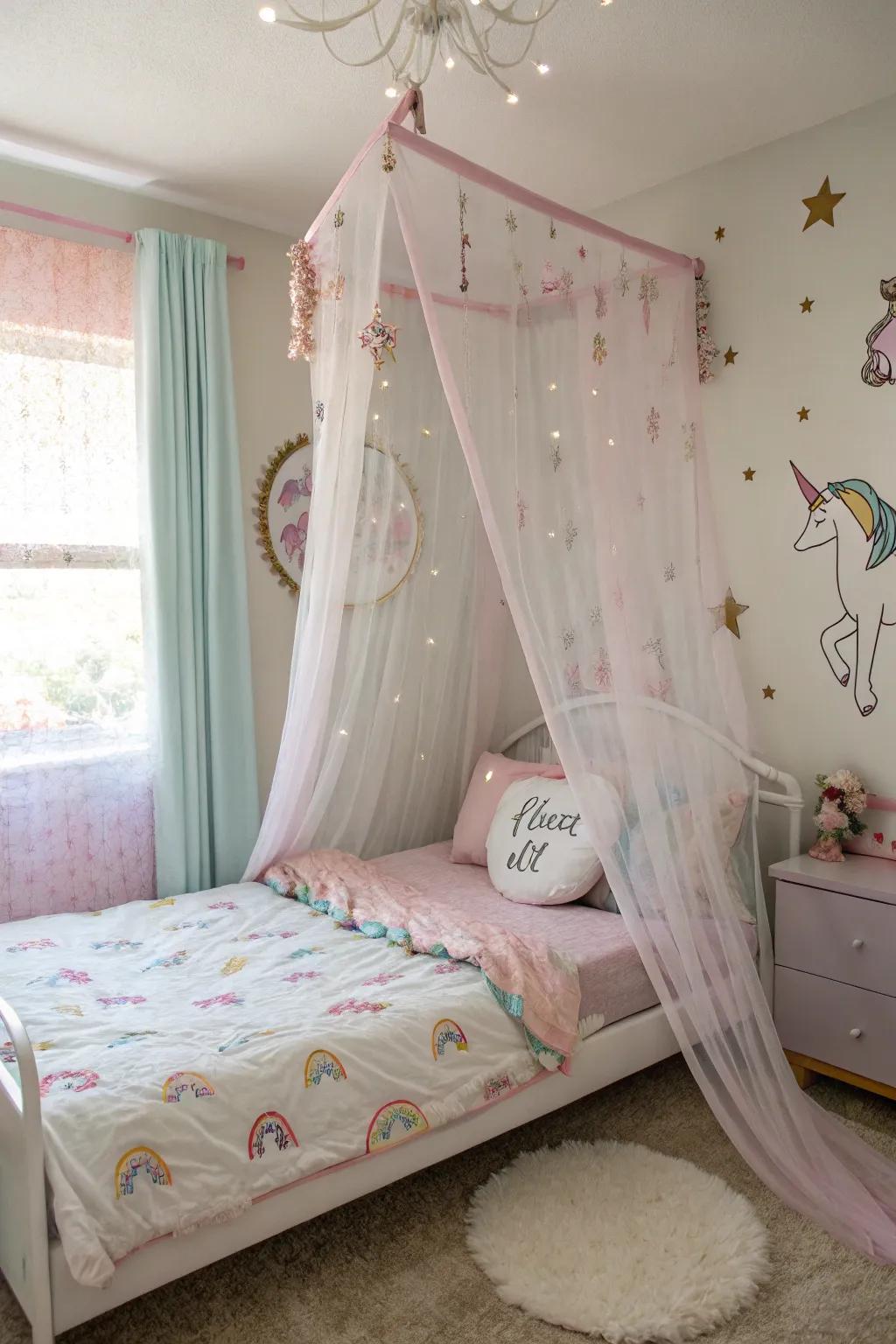 A canopy bed creates a royal ambiance in a unicorn-themed room.