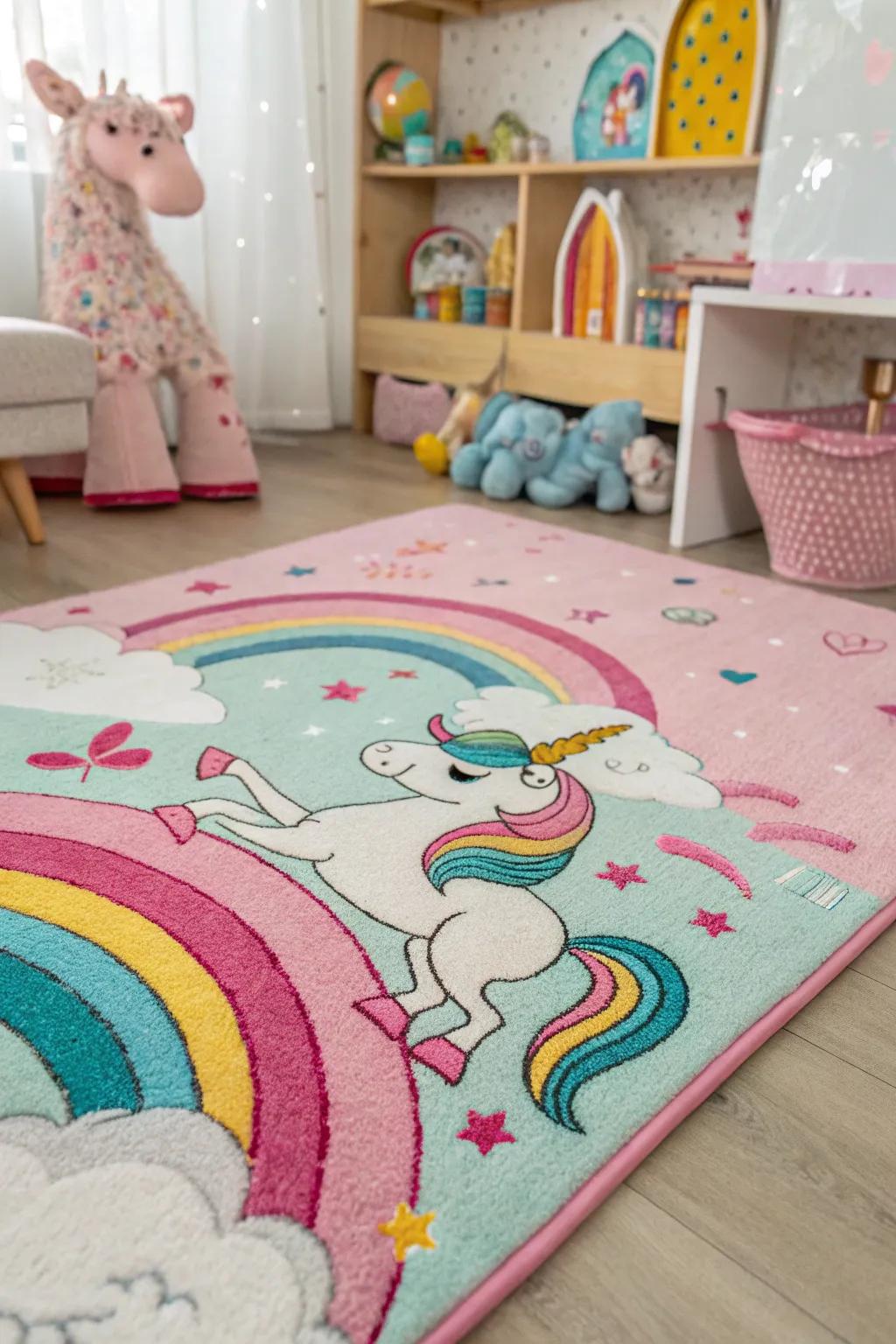 A whimsical blanket completes the unicorn room's enchanting aura.