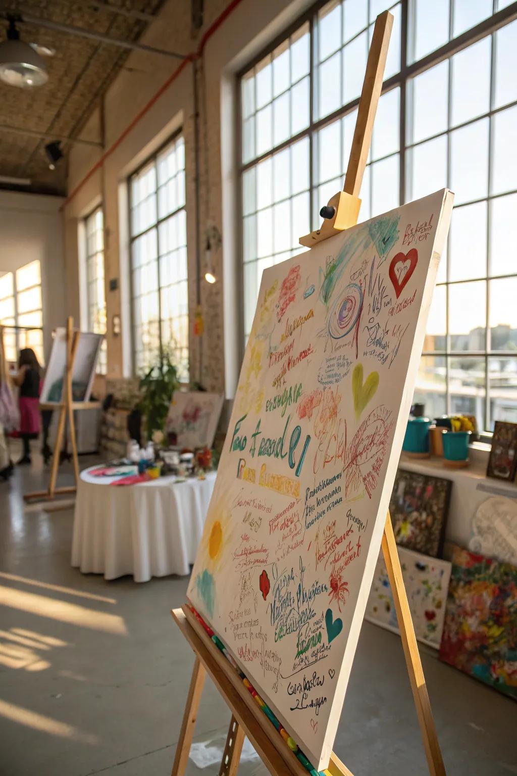 Transform a canvas into an imaginative masterpiece with attendee signatures.