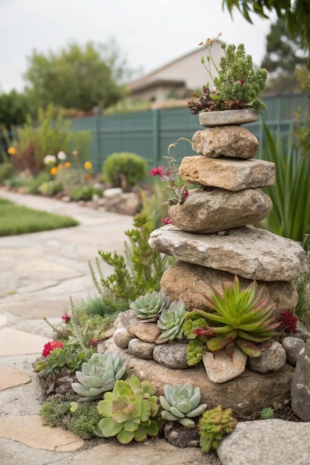 Craft a dramatic spectacle with layered stone succulent displays.