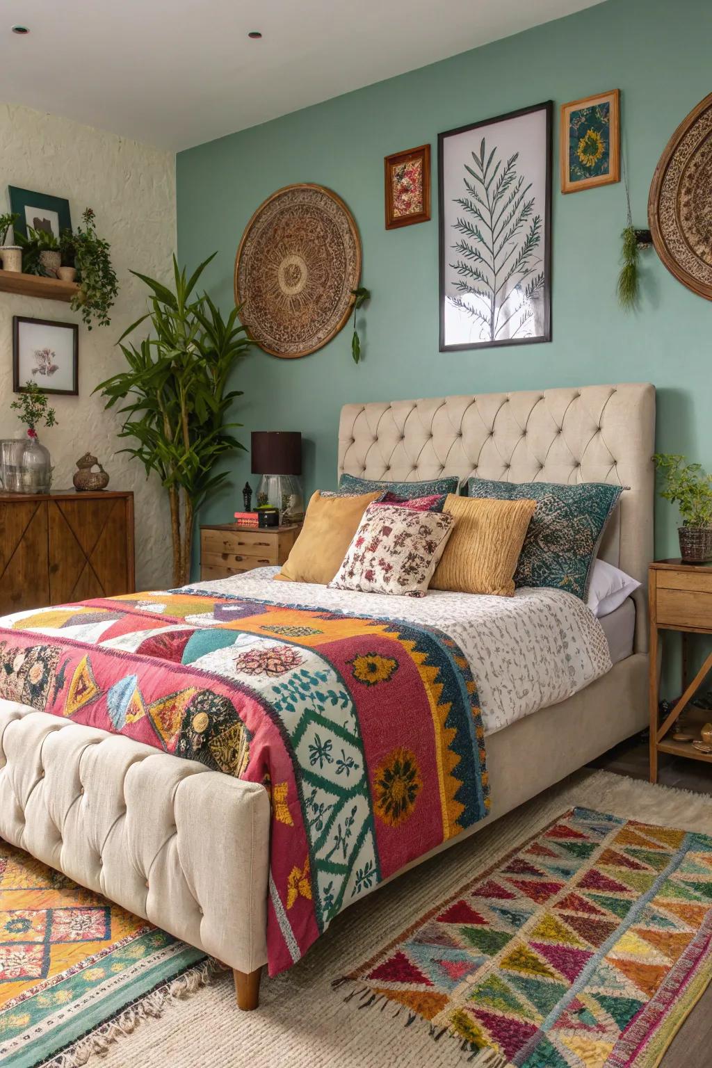 Blending patterns on this bed brings dynamic personality to the room.