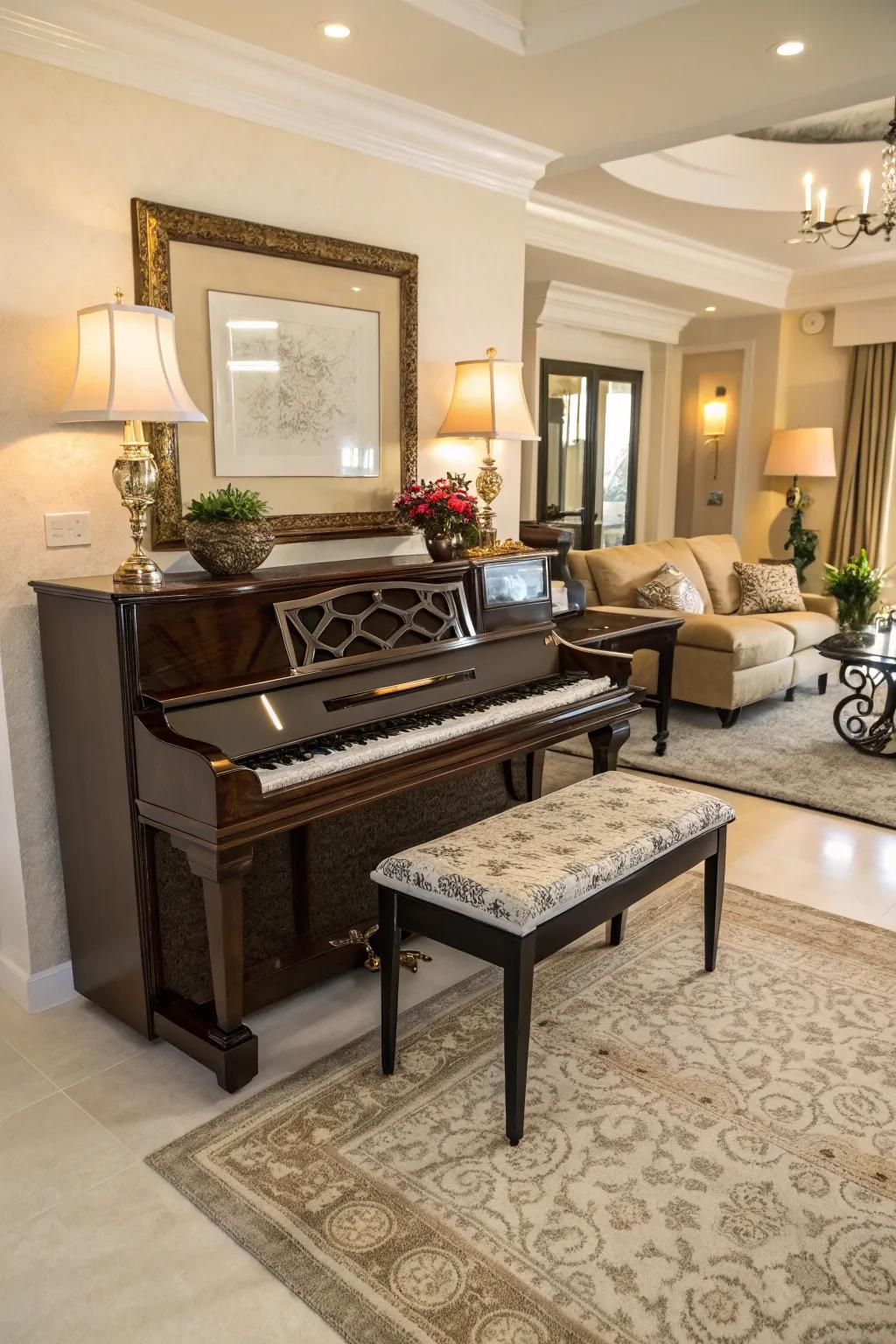 A harmonized living area featuring an upright piano complemented by a stylish, matching bench.