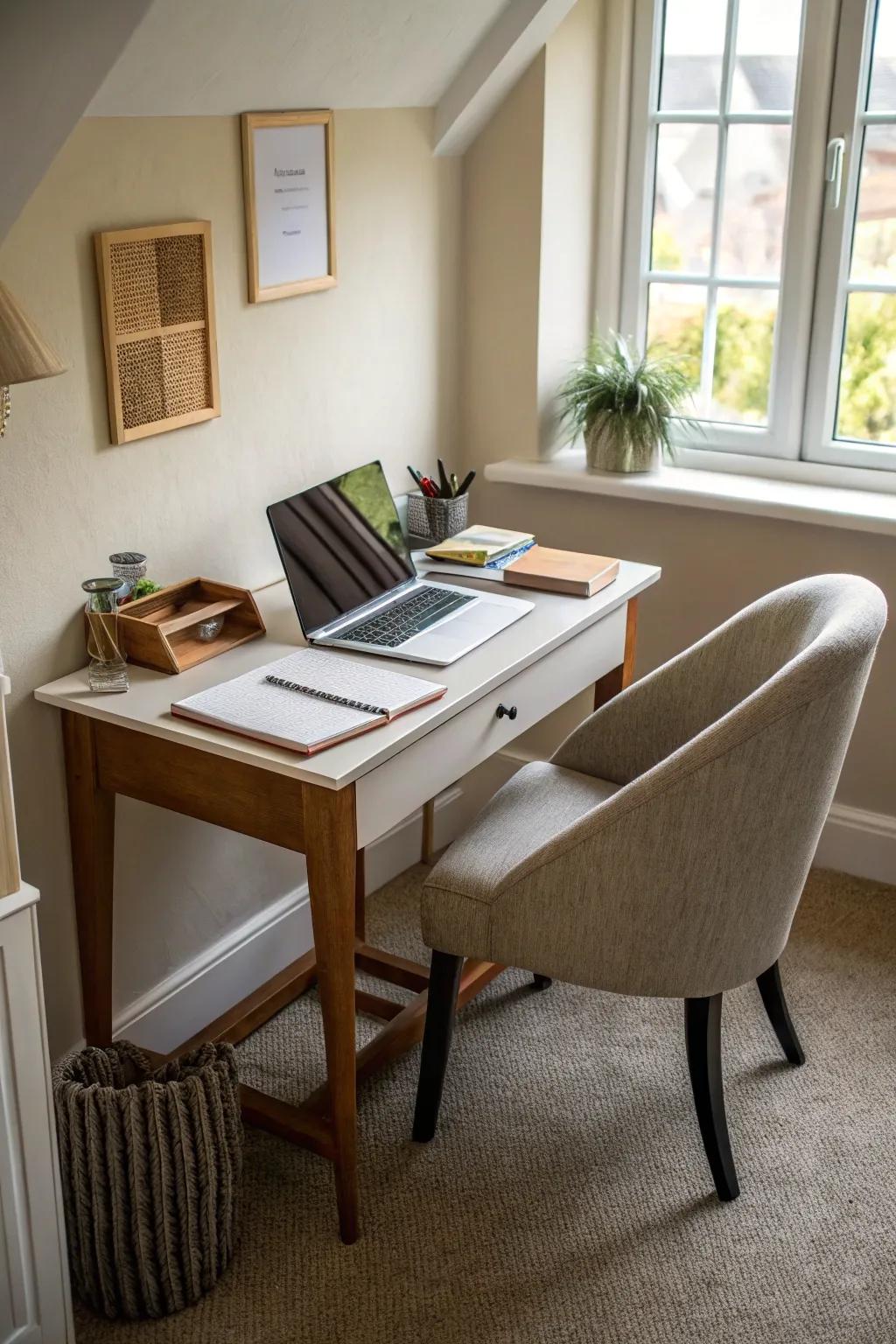 A functional workspace in the upper hallway maximizes utility.