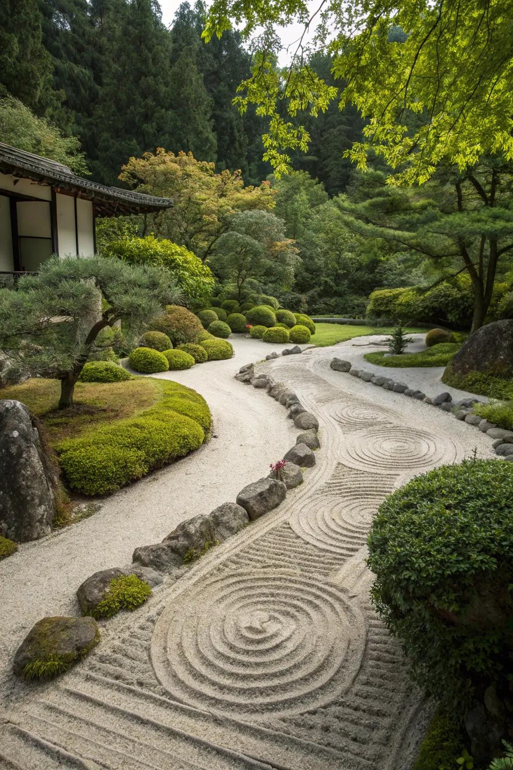 Japanese garden features using sand for harmony and serenity.