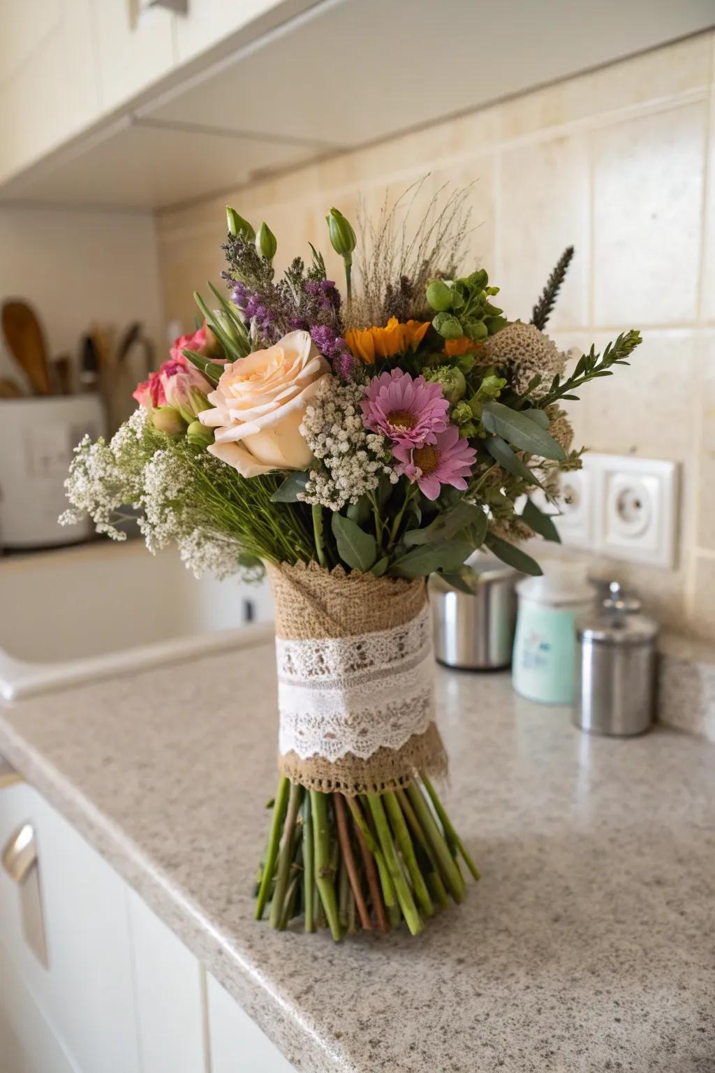 Bouquet elegantly wrapped in lace and burlap.