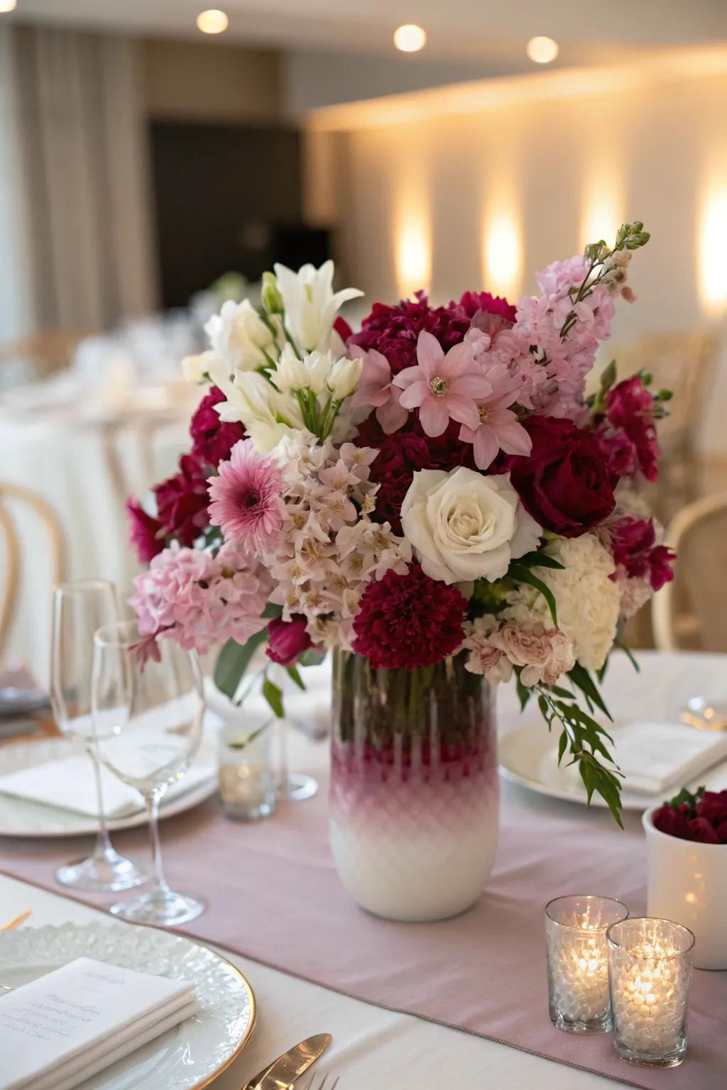 A graduated floral centerpiece is a visual spectacle.