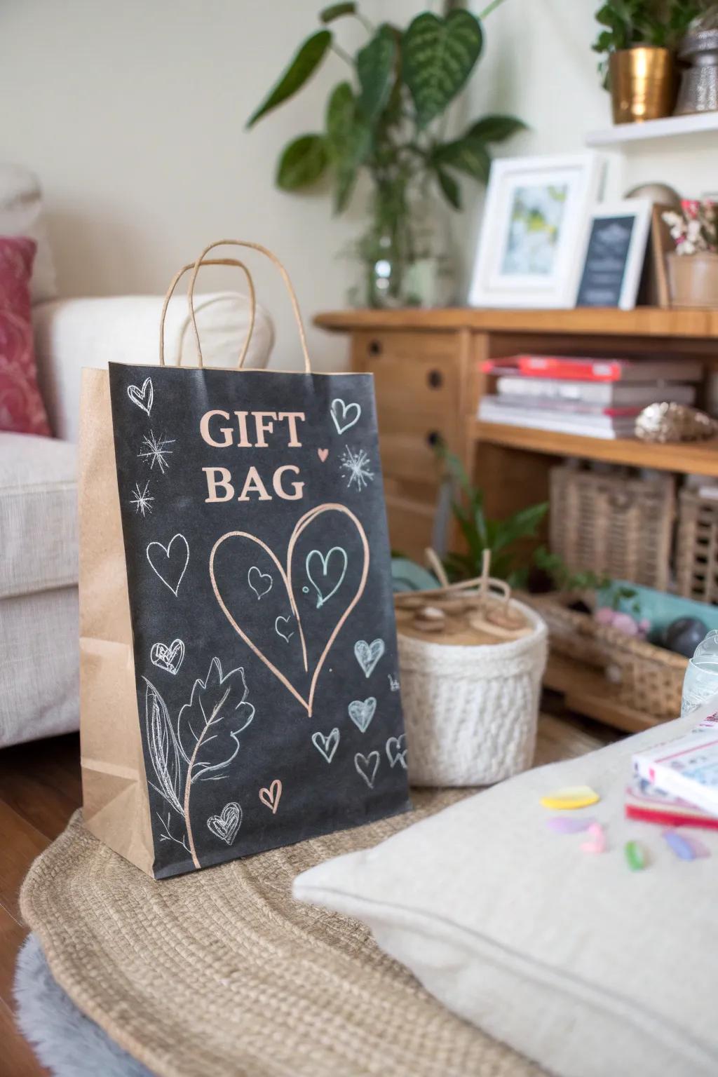 Chalkboard art Valentine's bag displaying whimsical messages.