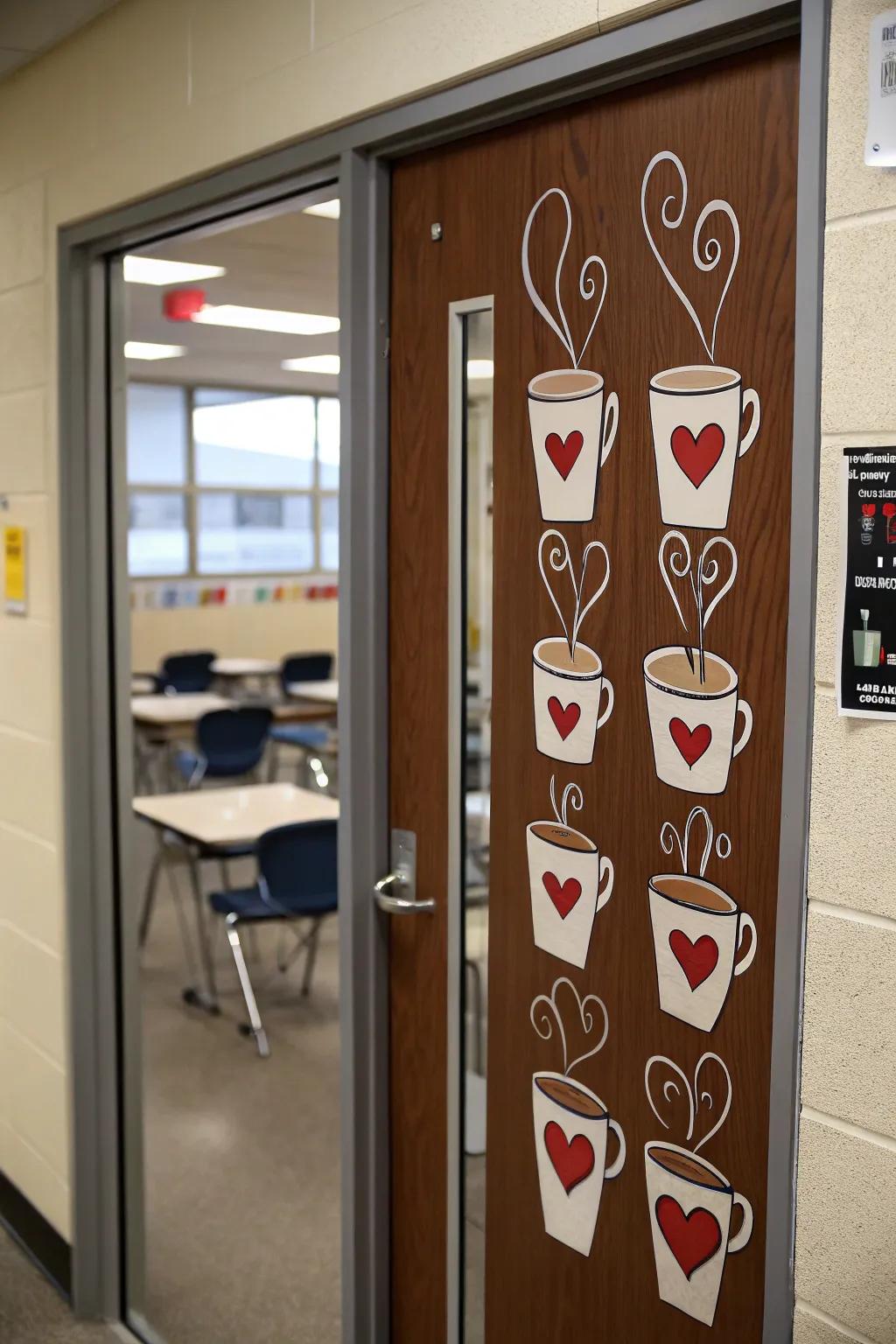 A classroom door showcasing a coffee theme with steaming mugs decorated with heart motifs.